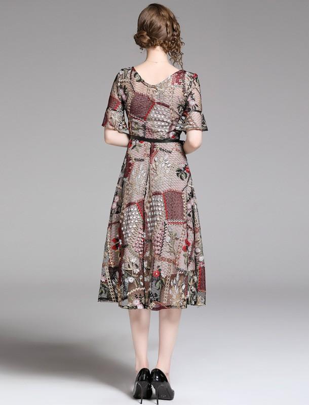 Elegant Flare Sleeve Mesh Embroidered Midi Dress