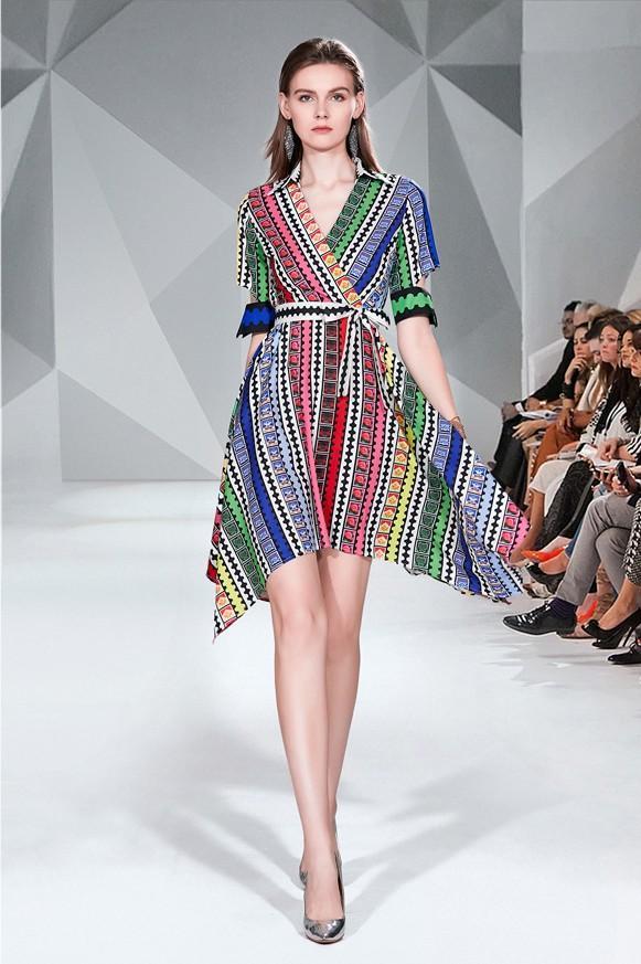 Fashion Printed Striped Irregular Dress