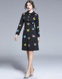 Embroidered Long-sleeved Slim Mid-length A-line Dress
