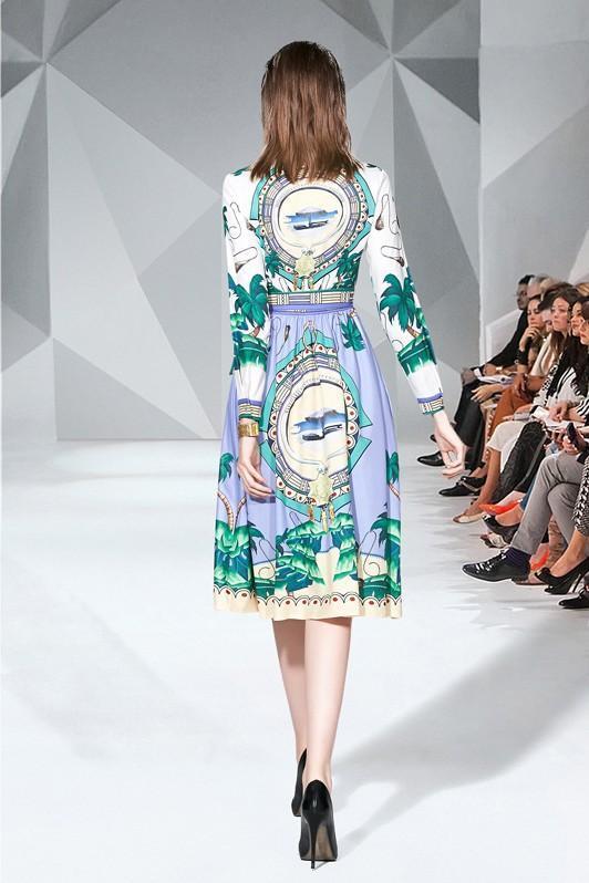 Fashion Lapel Print Long-sleeved Slim Mid-length Dress