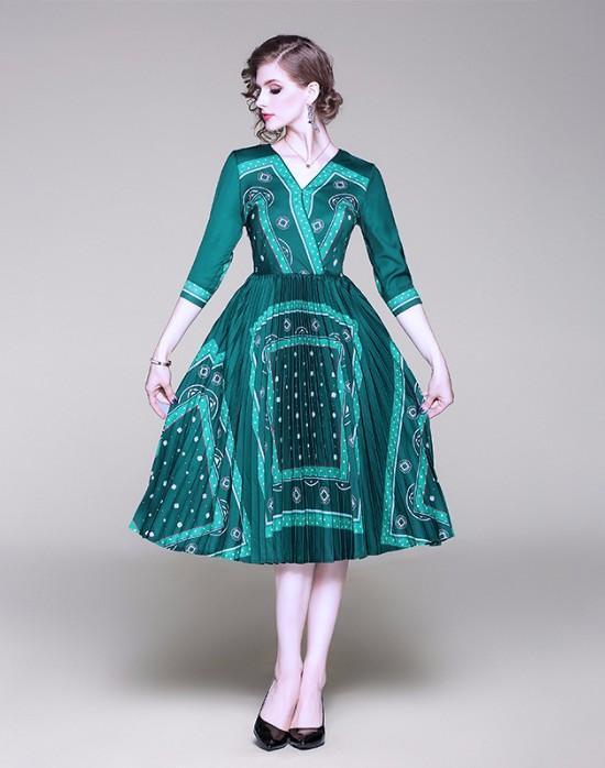 Retro Green Mid-length Pleated Print Dress
