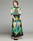 Retro Floral Print Long Sleeve Green Dress