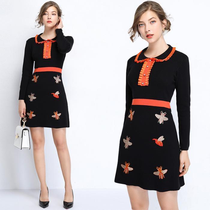 Doll Collar Knitted Slim Embroidered Dress