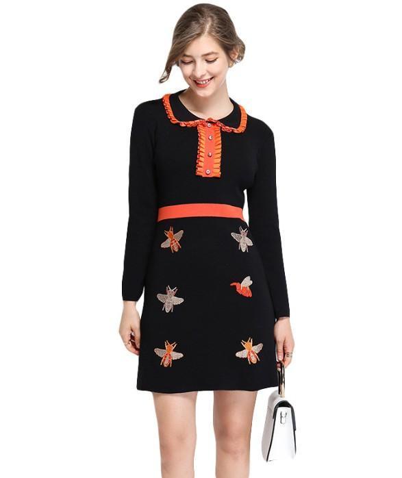 Doll Collar Knitted Slim Embroidered Dress