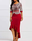 Leopard O-neck With Sleeves Round Neck Slim Ruffled High Waist Pencil Dress S-5XL