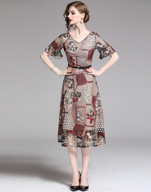 Elegant Flare Sleeve Mesh Embroidered Midi Dress