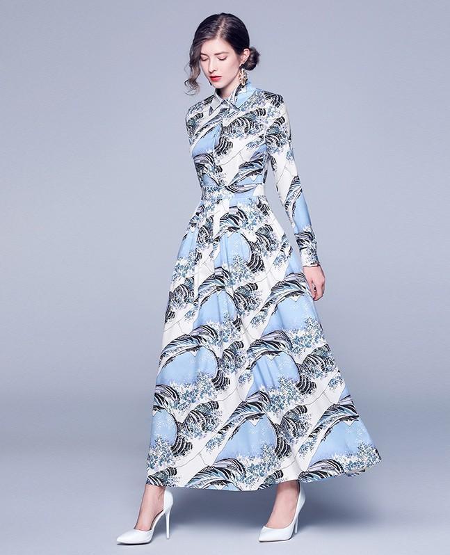 New Fashion Slim Print Long Skirt Lapel Dress