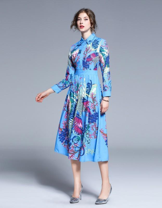 Fashion Baroque Style Lapel Print Dress