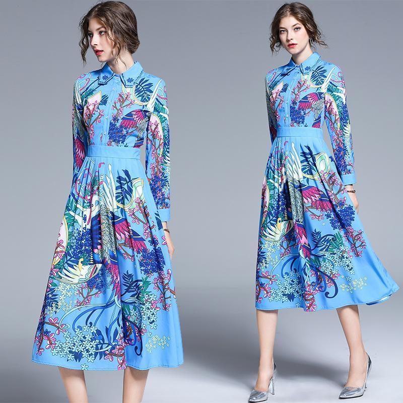 Fashion Baroque Style Lapel Print Dress
