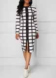 Casual Black And White Plaid Zipper Slim Office Tight Dress S-5XL