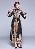 Vintage Court Print Lapel Long Sleeve Fashion Dress