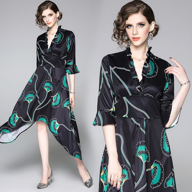 New V-neck Print Irregular Sleeve Dress