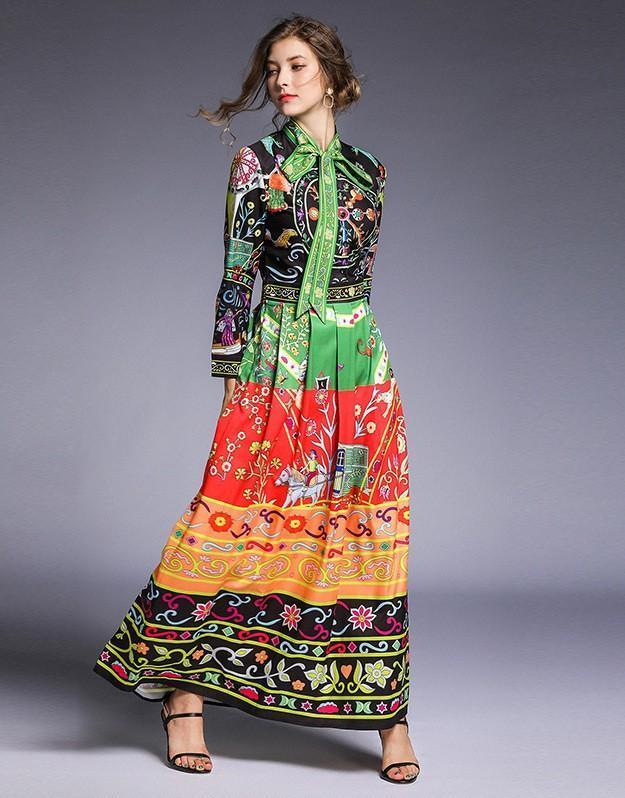 Fashion Flower Print Retro Maxi Dress