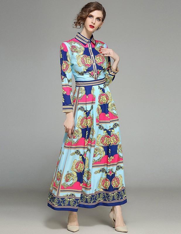 Classic Floral Print Long Sleeve Royal Court Dress