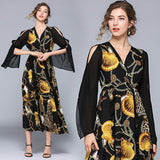 New Fashion Long Sleeve V-Neck Print Silk Dress