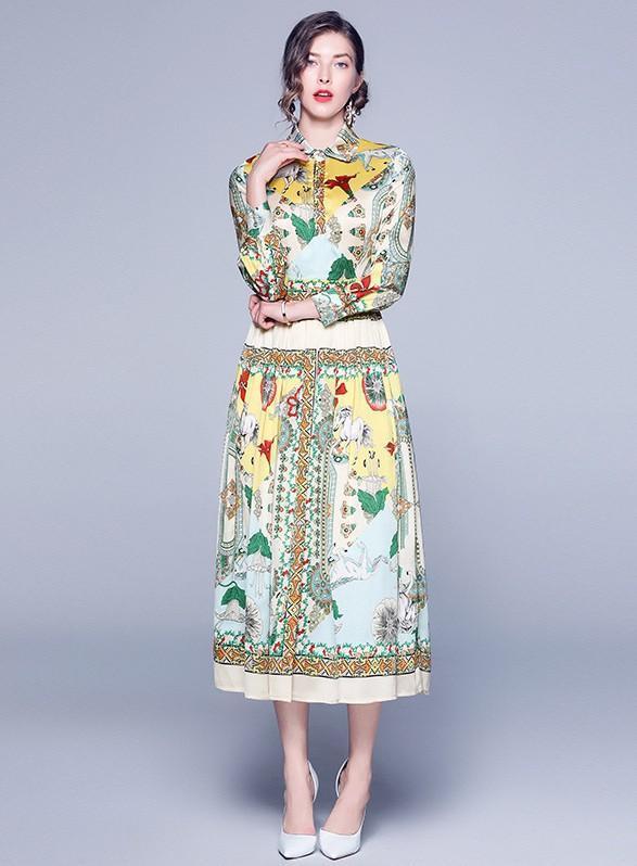 Lapel Fashion Print Long-sleeved Mid-length Dress