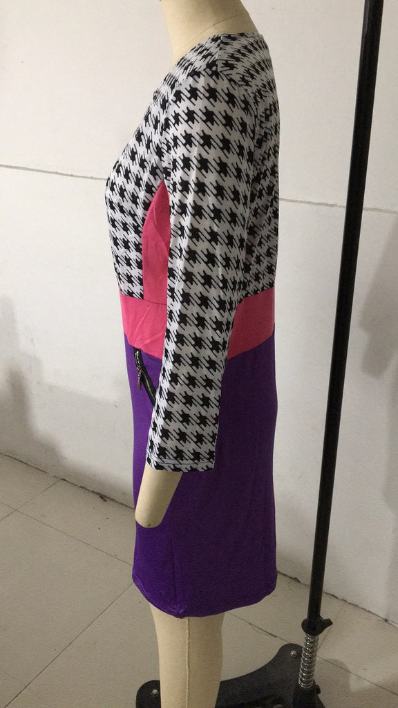 Retro Contrast Color Slim Bag Hip Seven-point Sleeve Round Neck Office Pencil Dress S-5XL