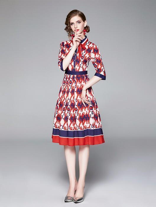 New Contrast Striped Lapel Short Sleeve Geometric Print Dress