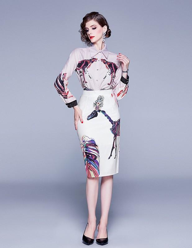 New Animal Print Blouse + Printed Skirt Suit Sets