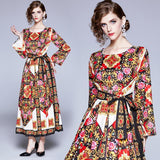 Retro Floral Print Red Long Sleeves Maxi Dress