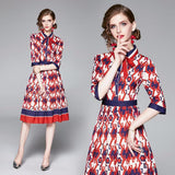 New Contrast Striped Lapel Short Sleeve Geometric Print Dress