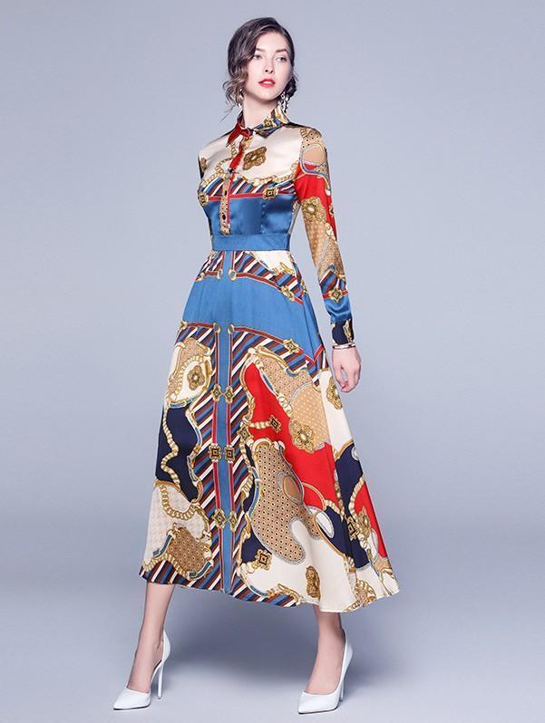 Lapel Fashion Print Long-sleeved Slim Dress