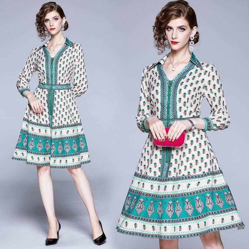 Vintage Print Fashion Slim A-line Dress