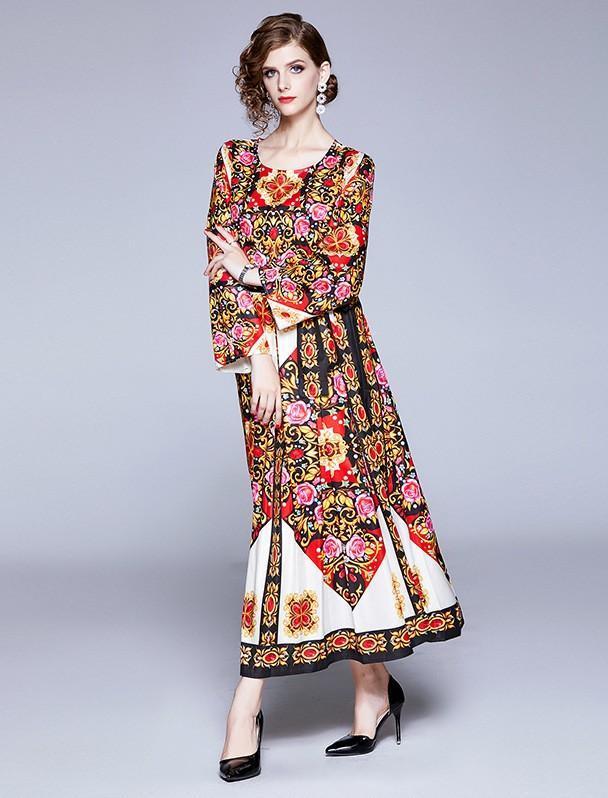 Retro Floral Print Red Long Sleeves Maxi Dress