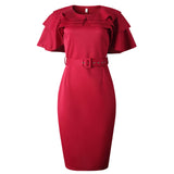 Summer Ruffle Elegant Wine Red Bodycon midi Dress(with belt) S-3XL