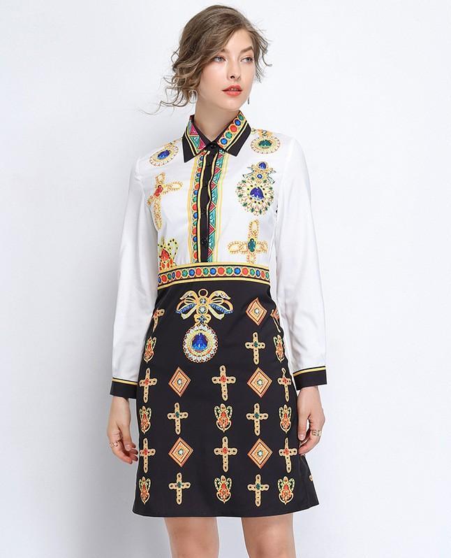 Floral Printed Shirt + Embroidered Mid Skirt