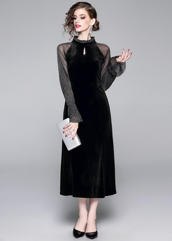 Elegant Mesh Long Sleeve Stitching Velvet Fishtail Dress