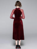 Elegant Mesh Long Sleeve Stitching Velvet Fishtail Dress