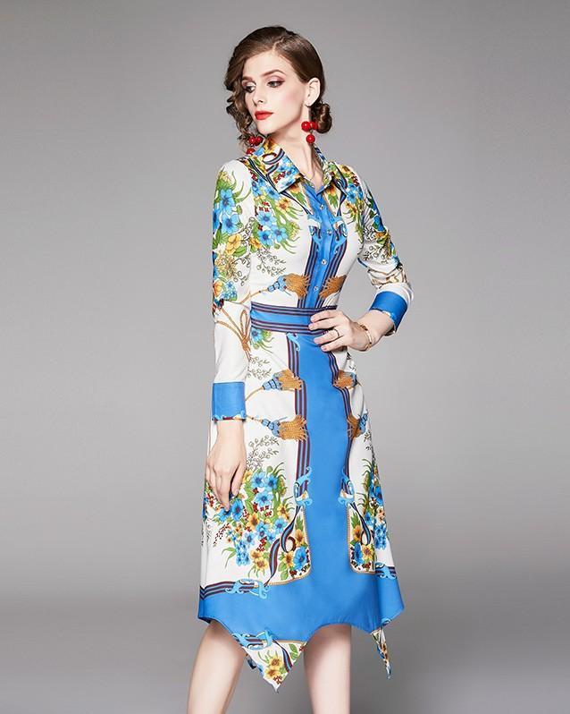 Lapel Fashion Printed Long Sleeve Slim Irregular Dress