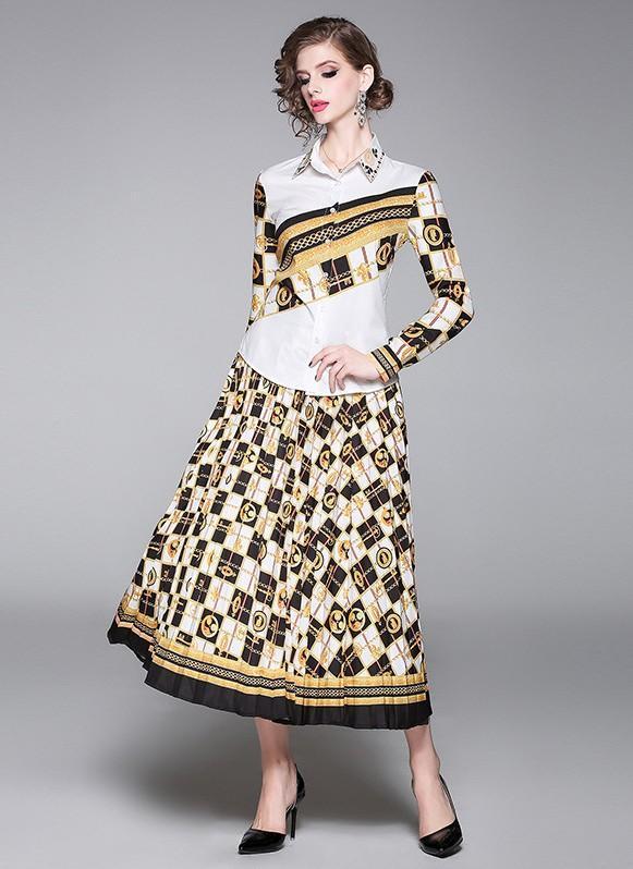Lapel Fashion Print Long-sleeved Shirt + Long Pleated Skirt