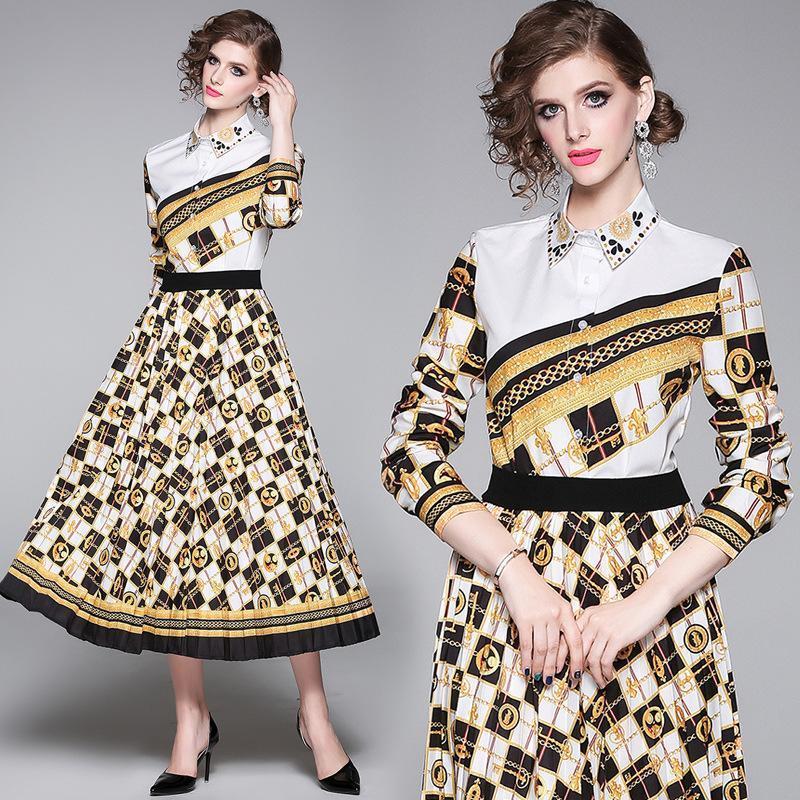 Lapel Fashion Print Long-sleeved Shirt + Long Pleated Skirt