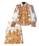 Fashion Lapel Print Long-sleeved Shirt +Skirt Suit Set