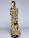 Lapel Court Vintage Print V-Neck Long Sleeve Pleated Dress