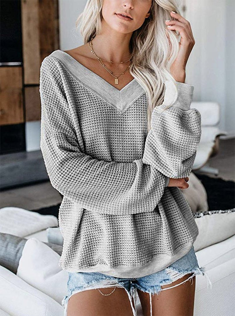 V-neck Off-the-shoulder Sweater Pullover-6color