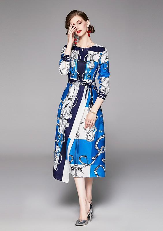 Round Neck Long Sleeve Fashion Printed Irregular Dress