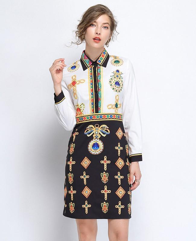 Floral Printed Shirt + Embroidered Mid Skirt