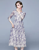 Fashion Round Neck Cropped Sleeves Lace Printed Dress
