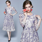 Fashion Round Neck Cropped Sleeves Lace Printed Dress
