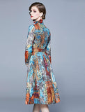 Lapel Floral Print Long Sleeves Midi Dress