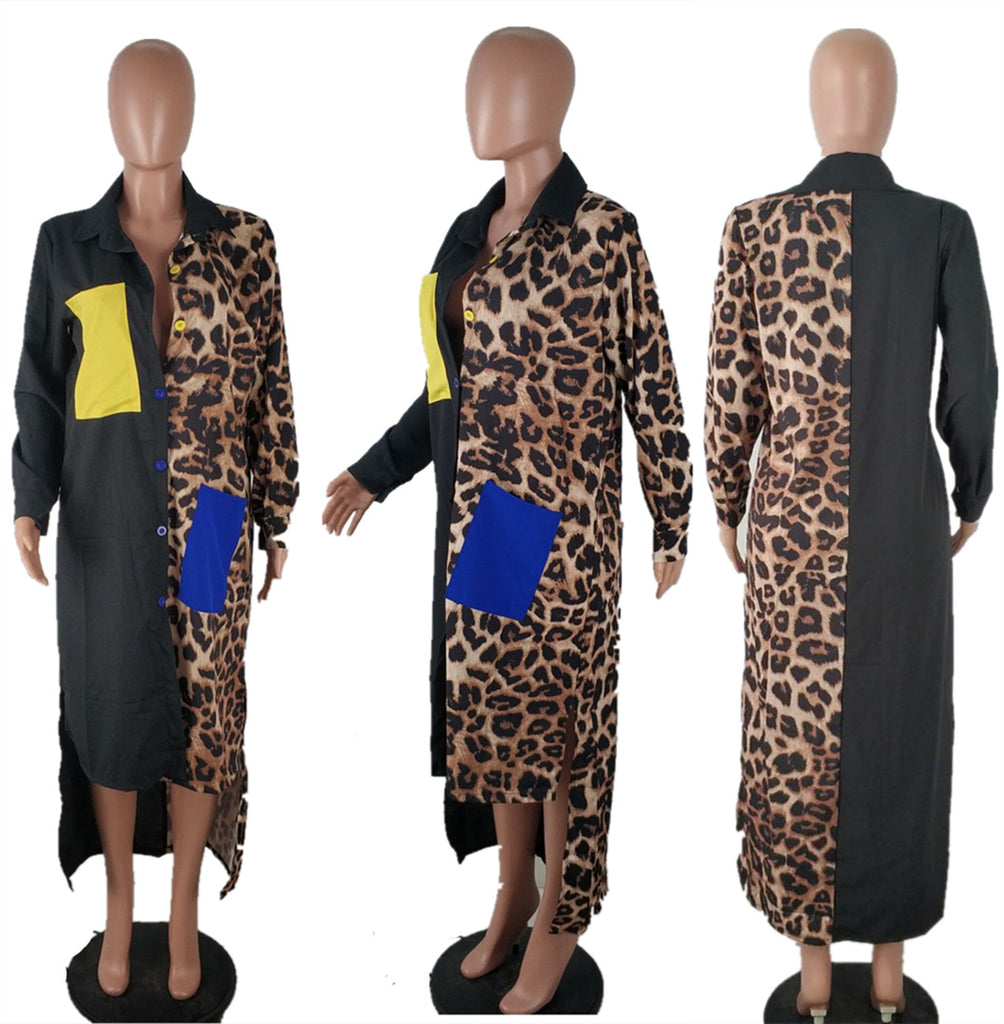Plus Size Leopard Pocket Shirt Dress