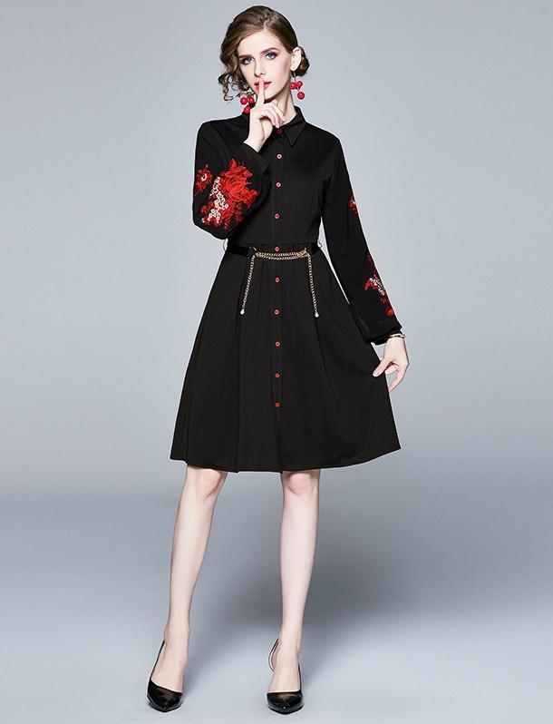 Lapel Embroidered Long Sleeve Slim Mid-A Dress
