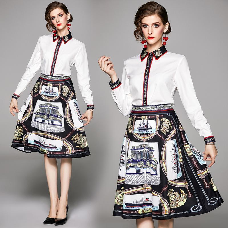 Fashion Lapel Long Sleeve Shirt + Printed A-line Skirt