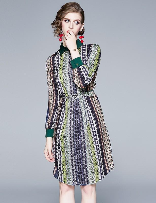 Lapeled Fashion Print Long Sleeve Midi Dress