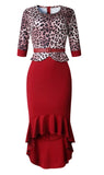 Leopard O-neck With Sleeves Round Neck Slim Ruffled High Waist Pencil Dress S-5XL
