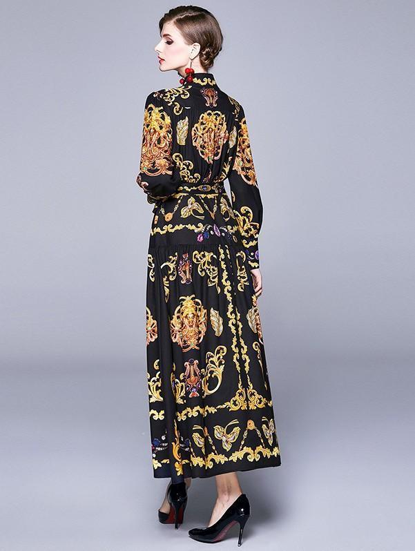 Lapel Fashion Floral Print Royal Court Dress