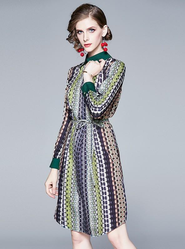 Lapeled Fashion Print Long Sleeve Midi Dress
